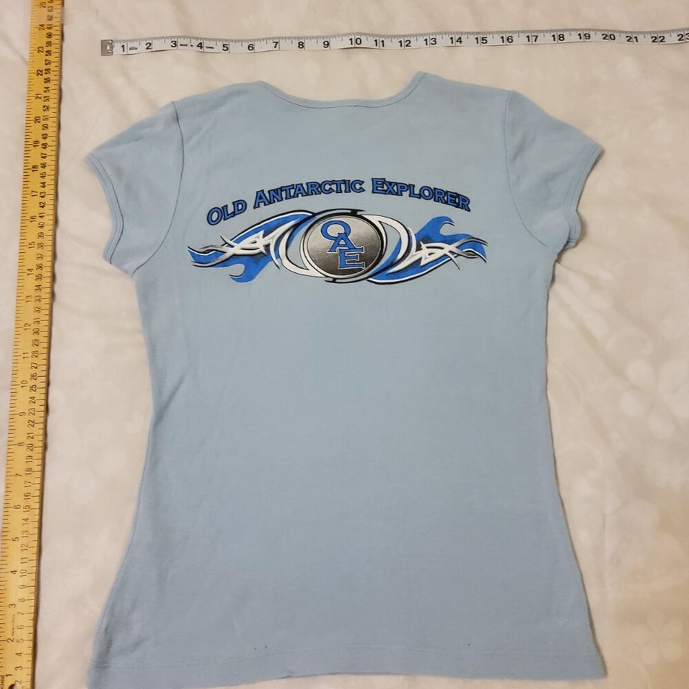 Vintage Oae Old Antarctic Explorer T Shirt Light Blue Y2k Baby Tee View 3